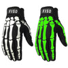 A pair of black tactical grips or gloves with white and neon green patterns.