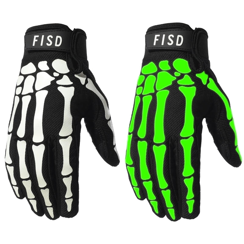 A pair of black tactical grips or gloves with white and neon green patterns.