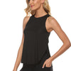 A woman wearing a black quick-dry yoga and gym tank top.