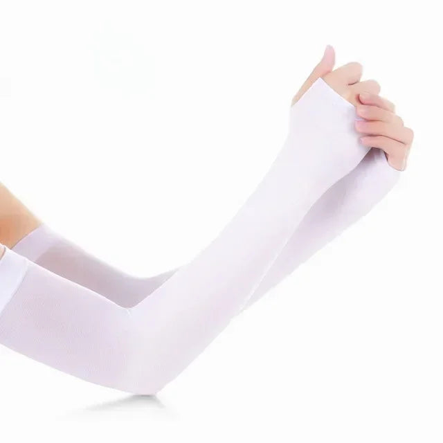 A person is wearing white ice sleeves for sports and outdoor activities on their arm.