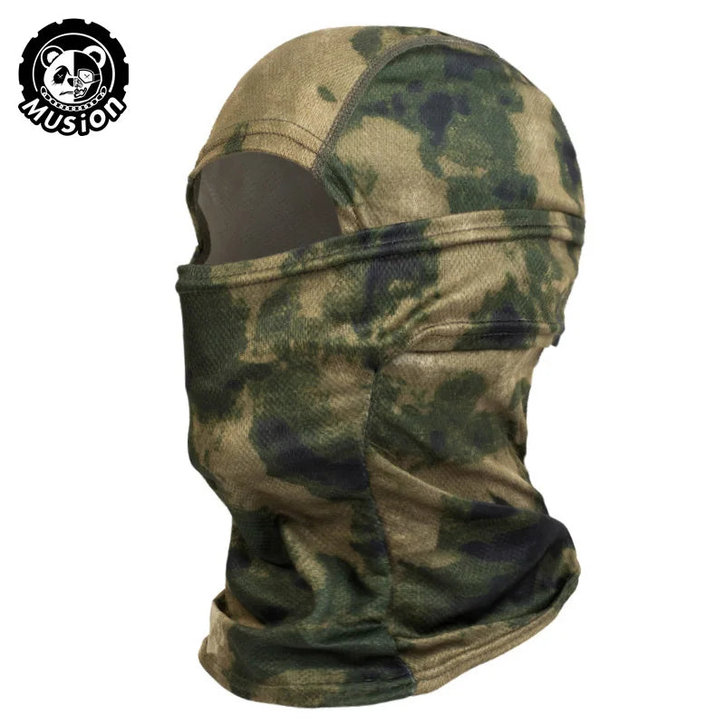 A camouflage green and brown breathable mesh balaclava face mask worn on a person's head.