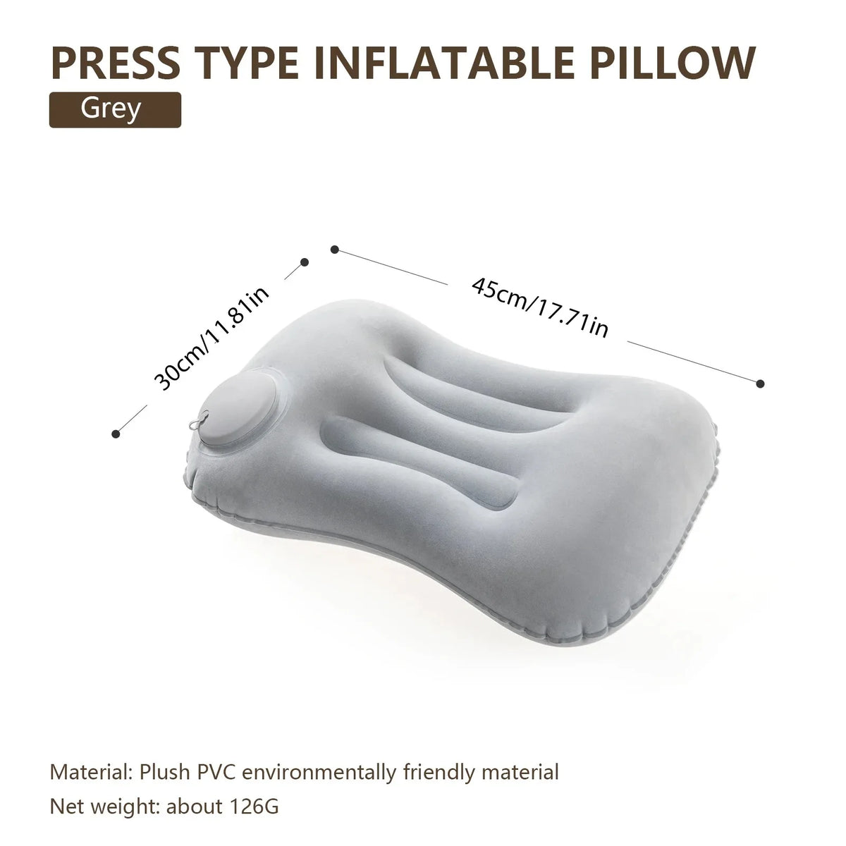 A grey press type inflatable pillow shown from the side with dimension markings.