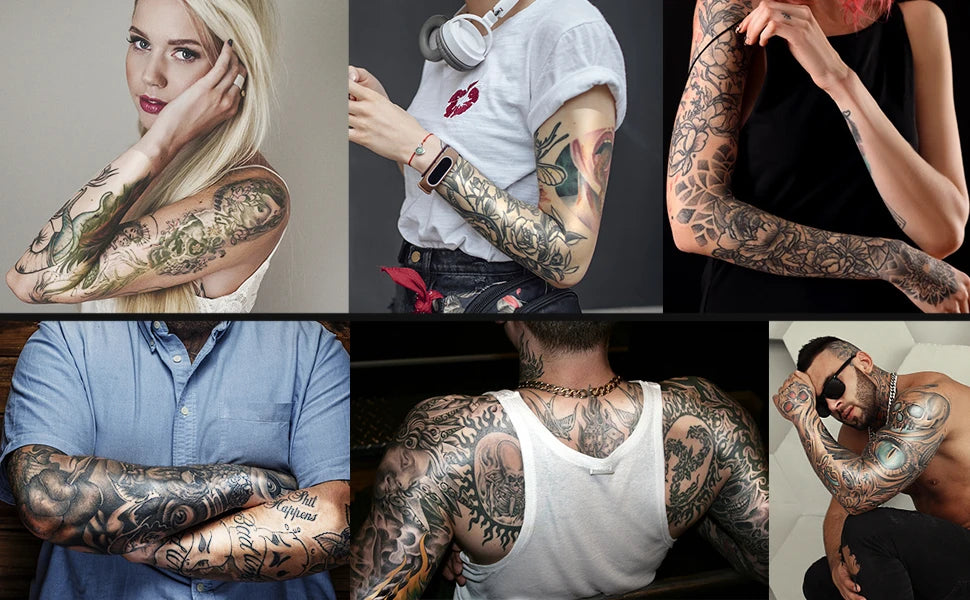 Collage von Menschen mit verschiedenen Tattoos, Nahaufnahmen von Armen und Händen.