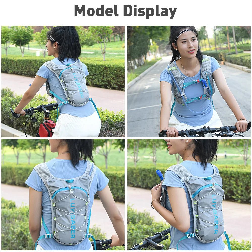 A woman wearing an Ultra-Light Outdoor Running & Cycling Backpack is shown in various model displays outdoors.
