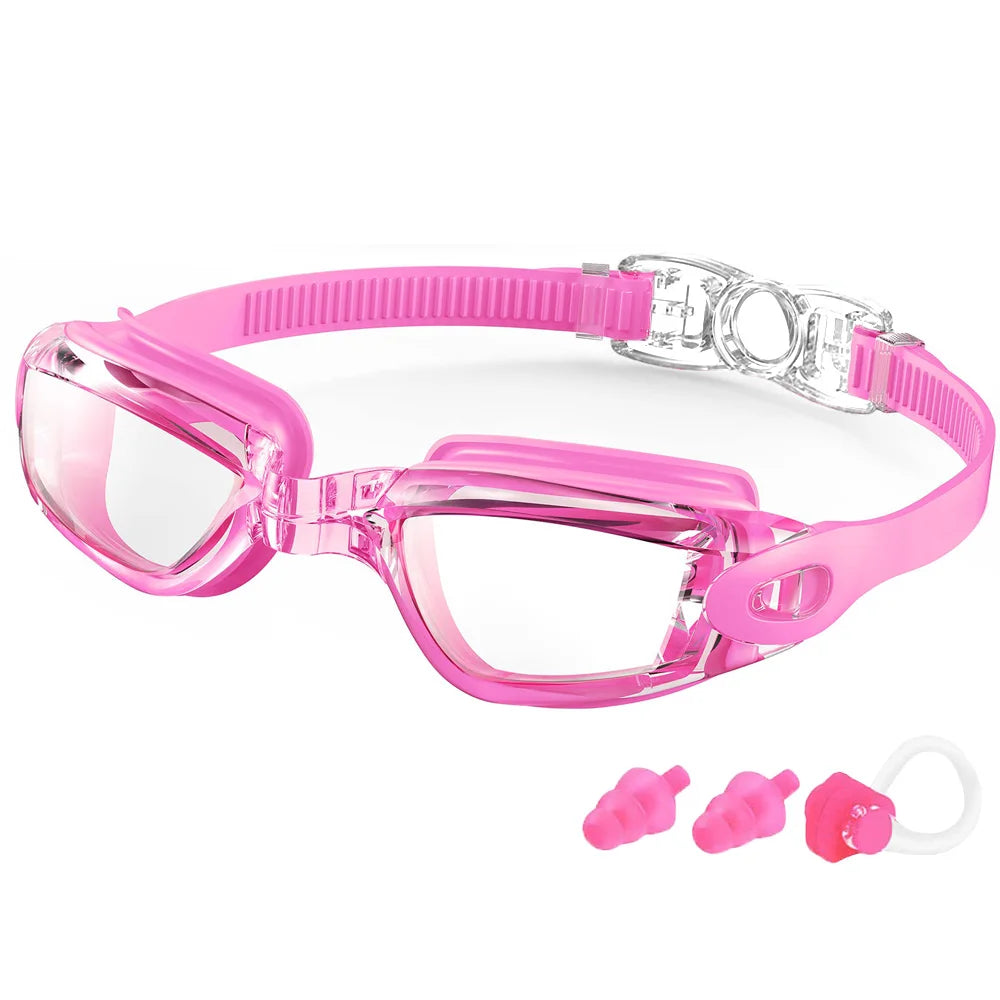 Pink professional anti-fog swimming goggles with a silicone strap and replacement nose pieces