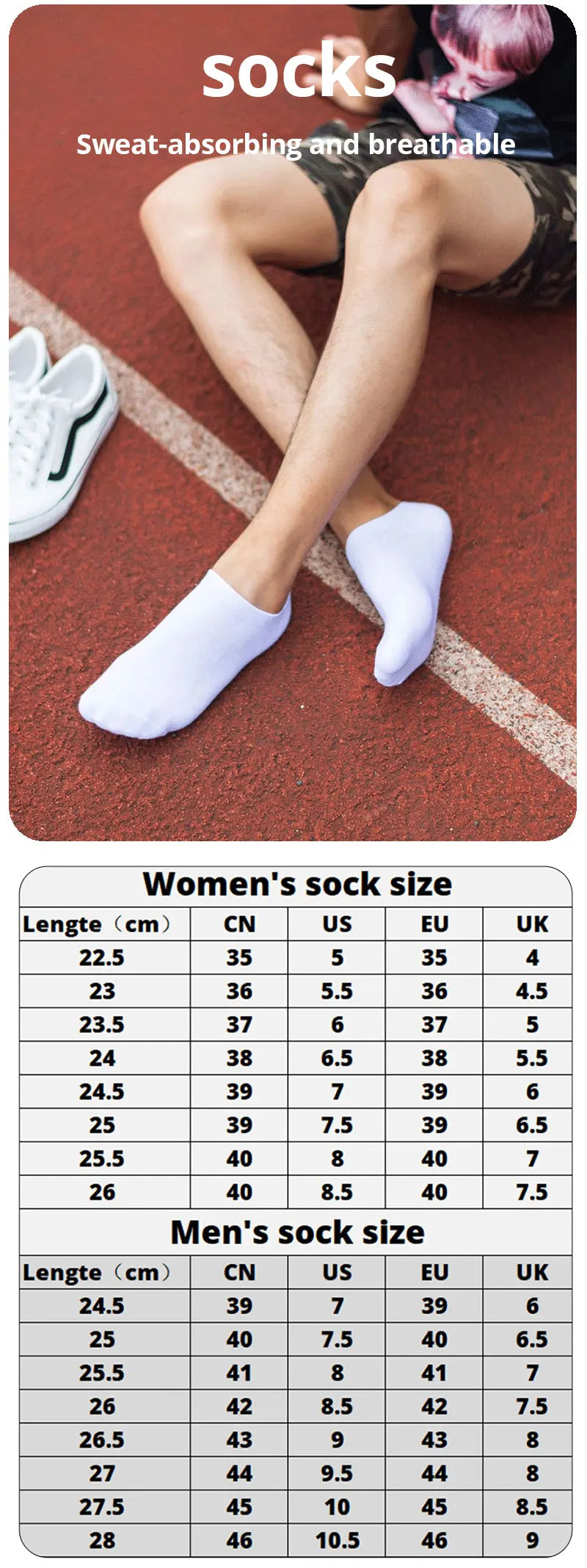 A collection of women's and men's socks displayed next to a running track, showing various sizes.