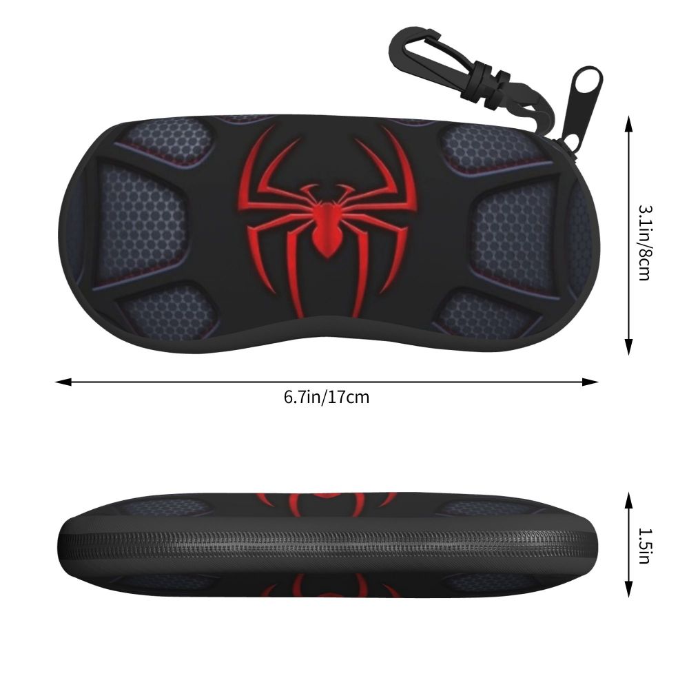 Black silicone pouch for eyeglasses featuring a red spider web design and a metal clip.