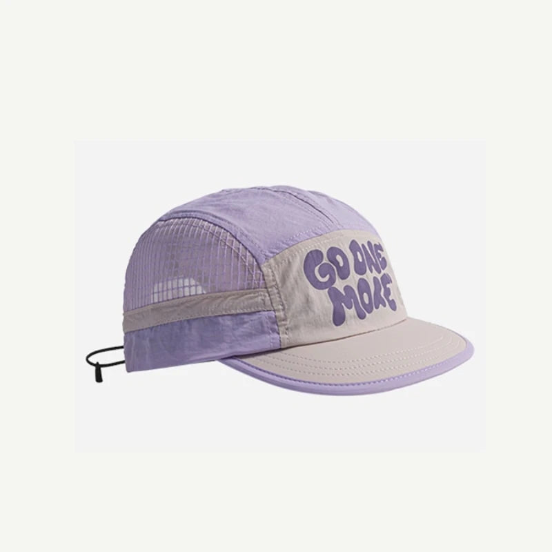 A light purple breathable quick-dry baseball cap with a gray accent and 'GO ON MORE' text.