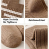 Close-up view of brown casual striped men's socks highlighting elasticity, reinforced heel, seamless toe, and anti-pilling te