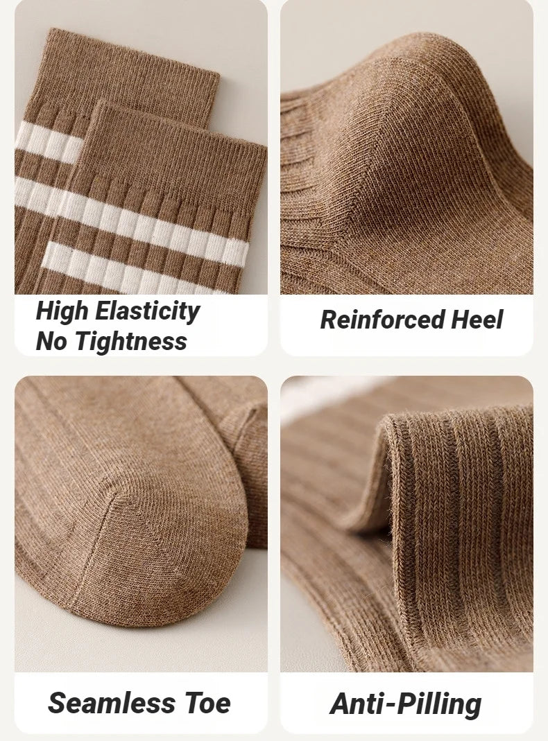 Close-up view of brown casual striped men's socks highlighting elasticity, reinforced heel, seamless toe, and anti-pilling te