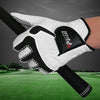 A close-up of a white and black Lycra fabric glove being used for golf or sports, emphasizing comfort and breathability.