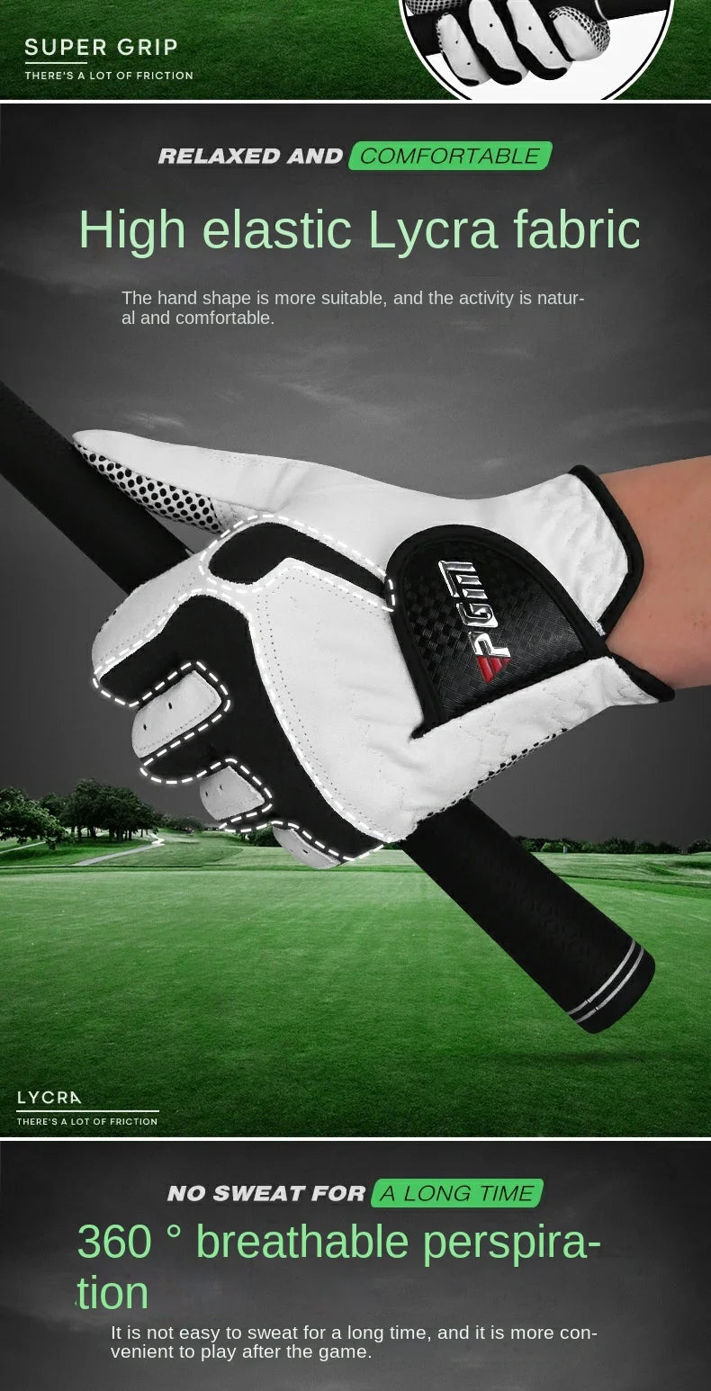 A close-up of a white and black Lycra fabric glove being used for golf or sports, emphasizing comfort and breathability.