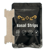A black pouch of nasal strips with gold lettering and icons indicating breathable, gentle, hypoallergenic, and effective reli
