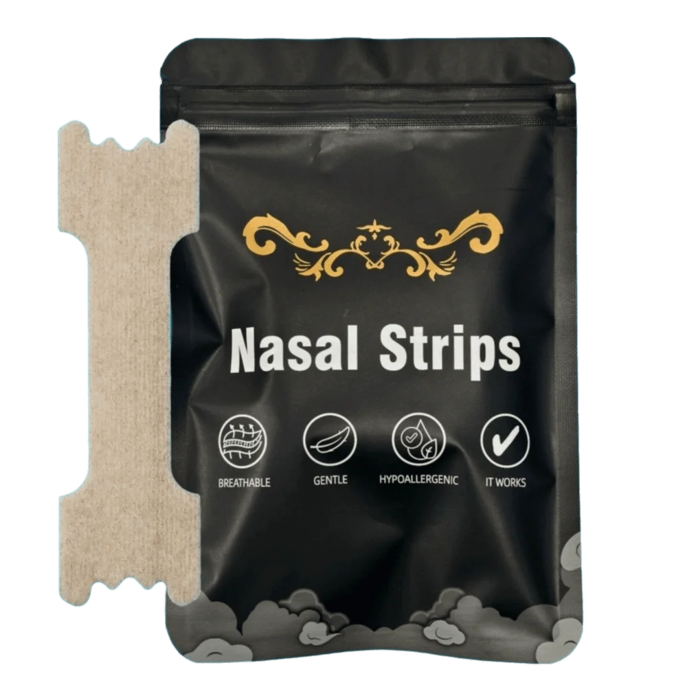 A black pouch of nasal strips with gold lettering and icons indicating breathable, gentle, hypoallergenic, and effective reli
