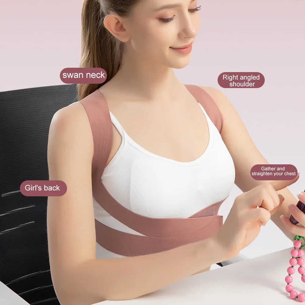 A woman wearing a beige posture corrector back brace for spine and shoulder support, demonstrating its use.