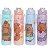 A set of four cute capybara water bottles in various pastel colors with straws and handles.