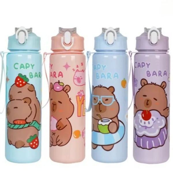 A set of four cute capybara water bottles in various pastel colors with straws and handles.
