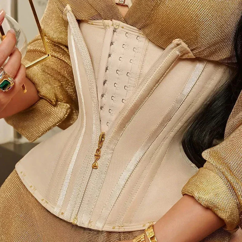 A close-up of a beige double compression waist trainer corset body shaper worn under a gold textured top.