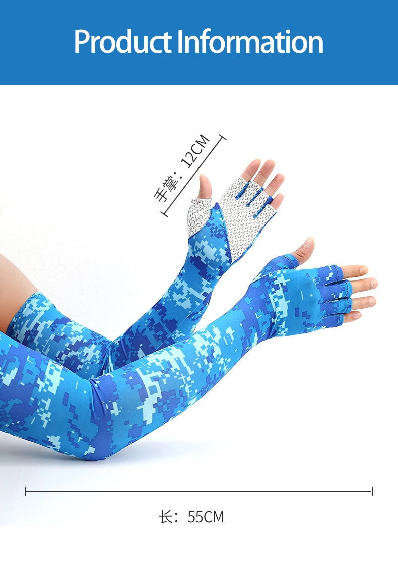 Blue camouflage patterned cooling sun protection arm sleeves shown on a hand and forearm.