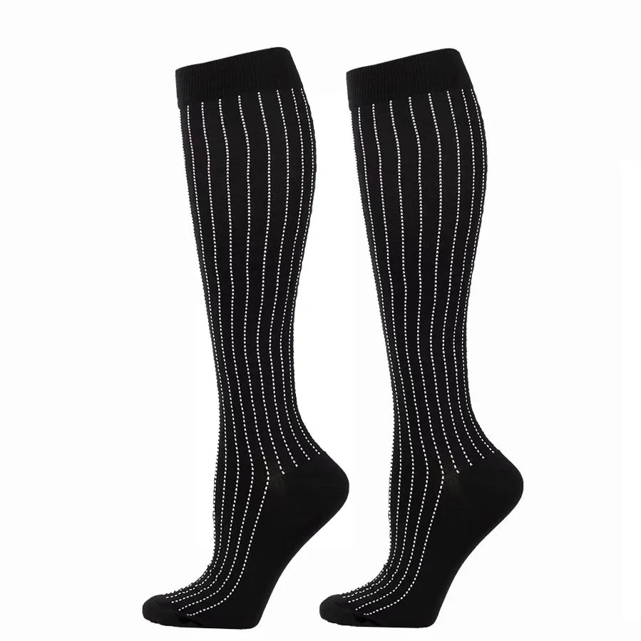 Black compression elastic socks with vertical white stripes