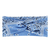 Blue bohemian print wide headband featuring intricate floral and paisley patterns