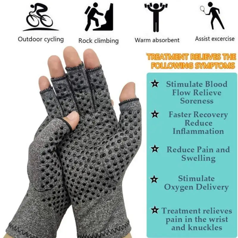 Gray copper compression gloves for hand and wrist arthritis relief with various exercise icons