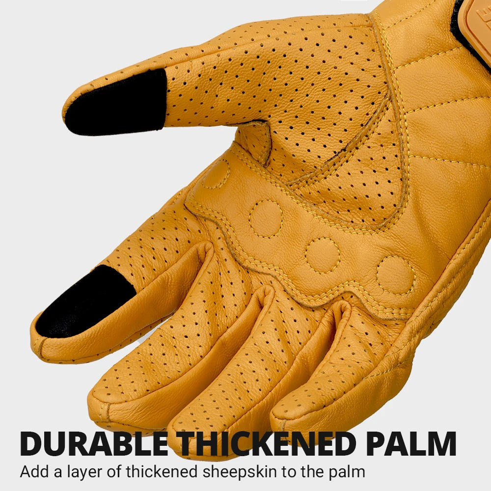 A close-up of tan leather motorcycle riding gloves showing a thickened palm design.