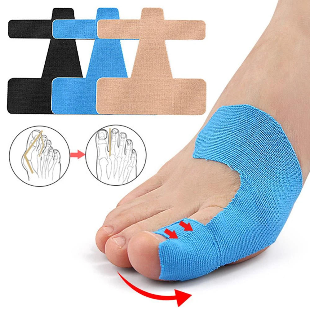 Blue kinesiology tape applied to the big toe and foot for bunion and toe support