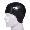 Black universal silicone swimming cap displayed on a white mannequin head.