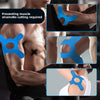 Blue precut kinesiology tape applied to the knee joint for support and muscle strain prevention.