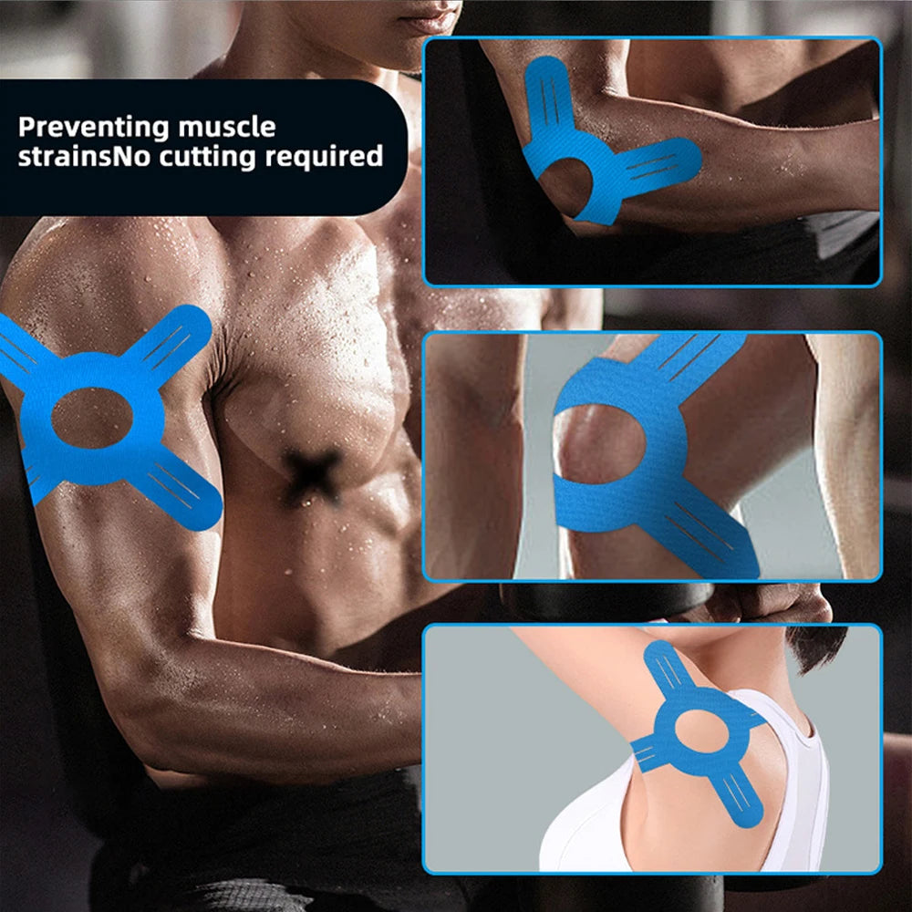Blue precut kinesiology tape applied to the knee joint for support and muscle strain prevention.