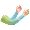 A person is wearing a lime green arm sleeve on their forearm and hand, demonstrating the fit of the sports apparel.
