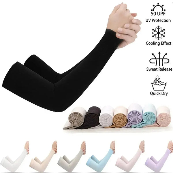 A set of black UV protection arm warmers shown on a hand, with various colors displayed below.