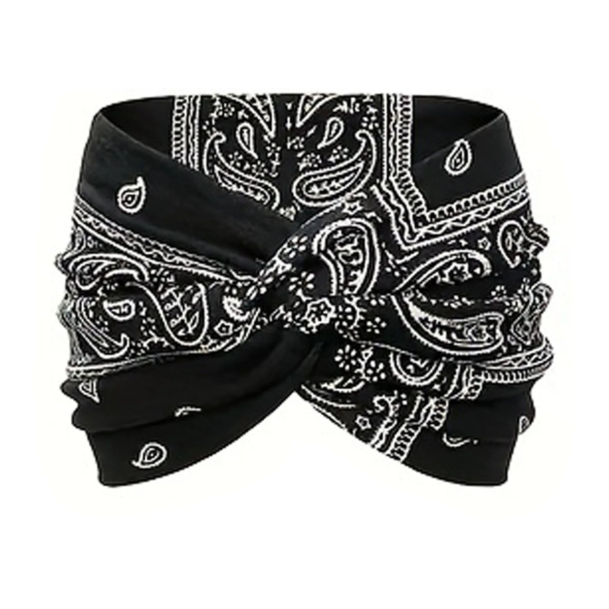 Black fabric headband featuring white paisley embroidery and a twisted design