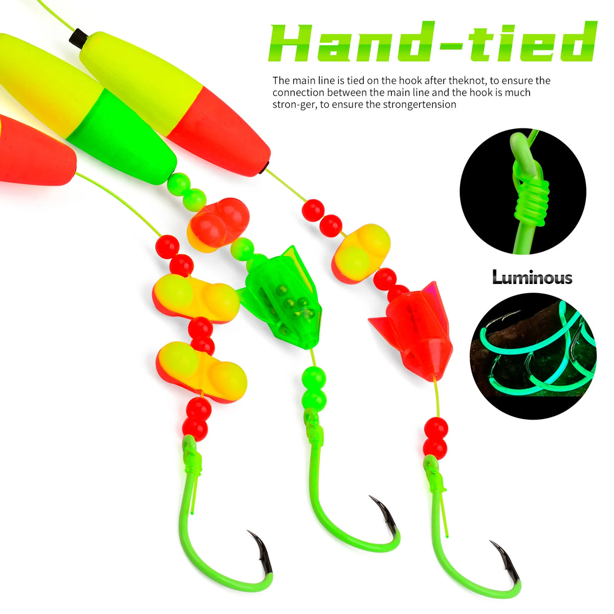 Hand-tied fishing float rigs featuring bright colored lines and rattles for fishing