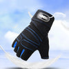 Black performance weightlifting grip gloves shown against a light blue sky background.