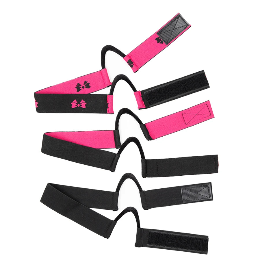 A set of adjustable lace wig bands for hair edges in black and pink.