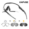 A pair of Kapvode photochromic cycling sunglasses shown in various forms and angles.