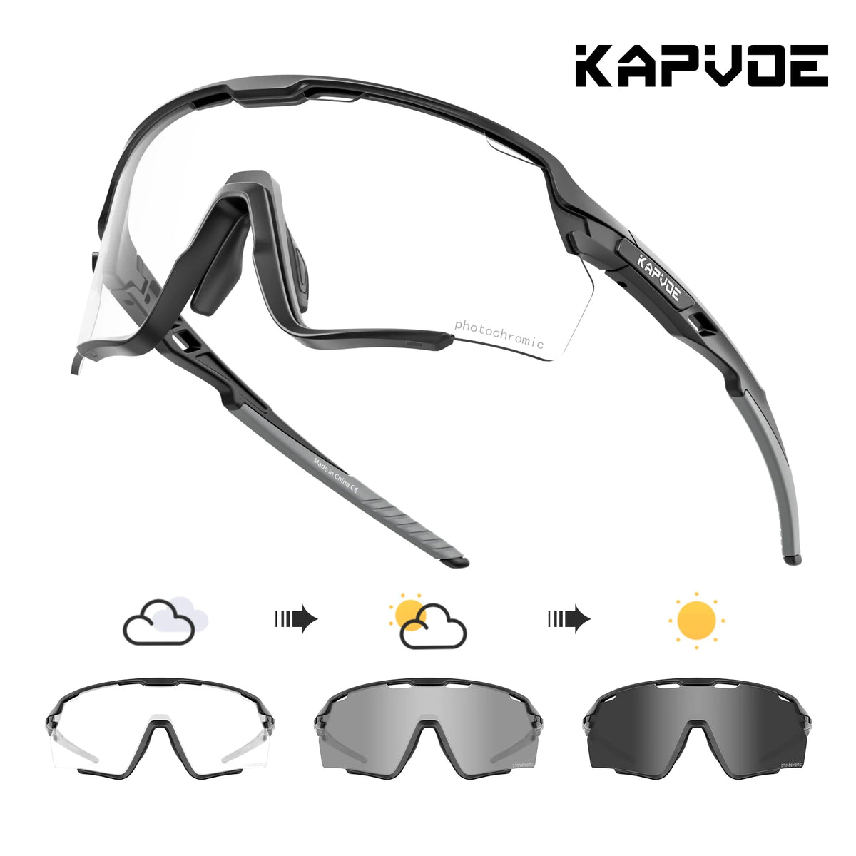 A pair of Kapvode photochromic cycling sunglasses shown in various forms and angles.