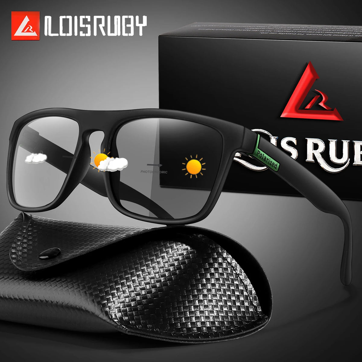 A pair of black photochromic square sunglasses resting on a black leather case with a red logo.