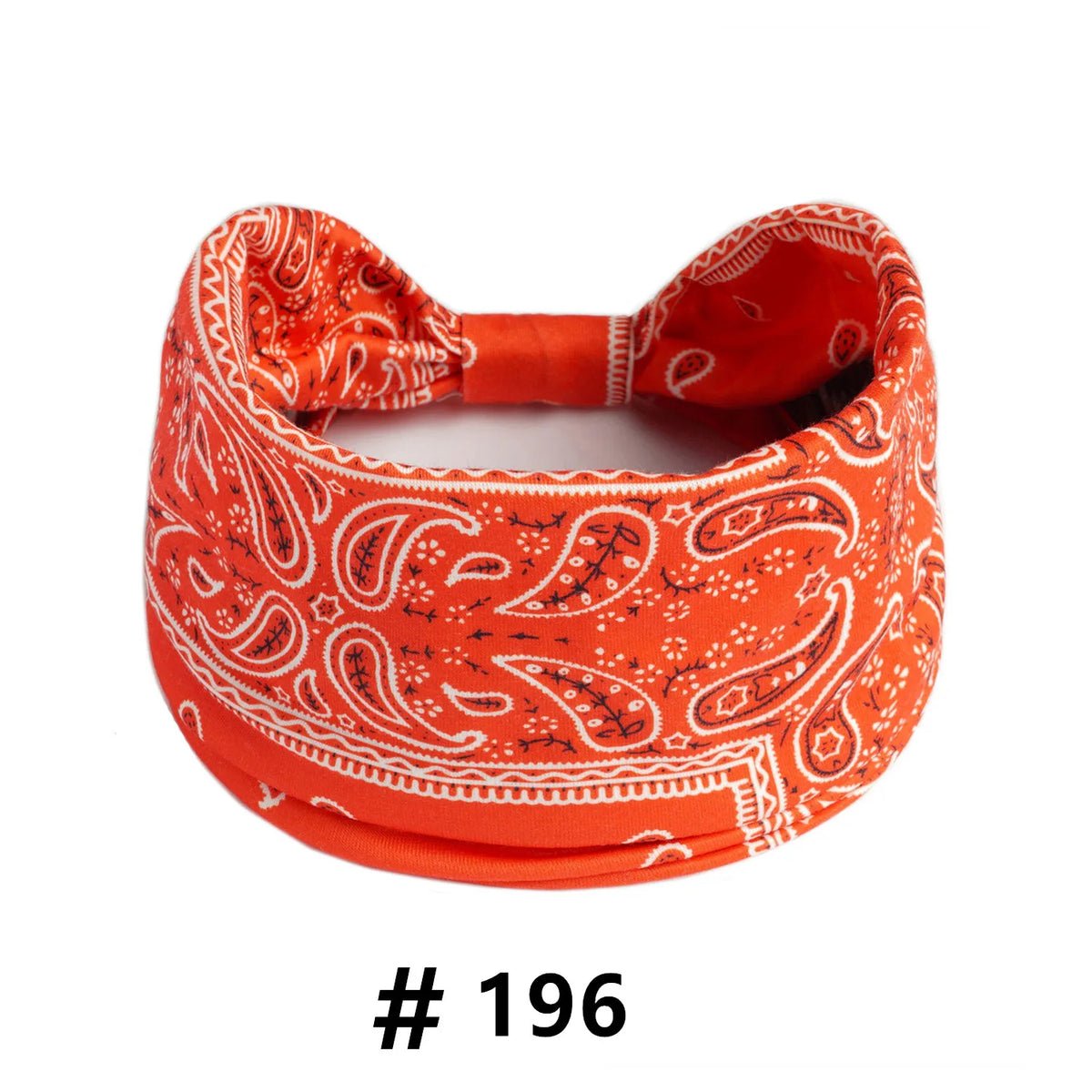 Orange boho print cotton headband with white paisley embroidery