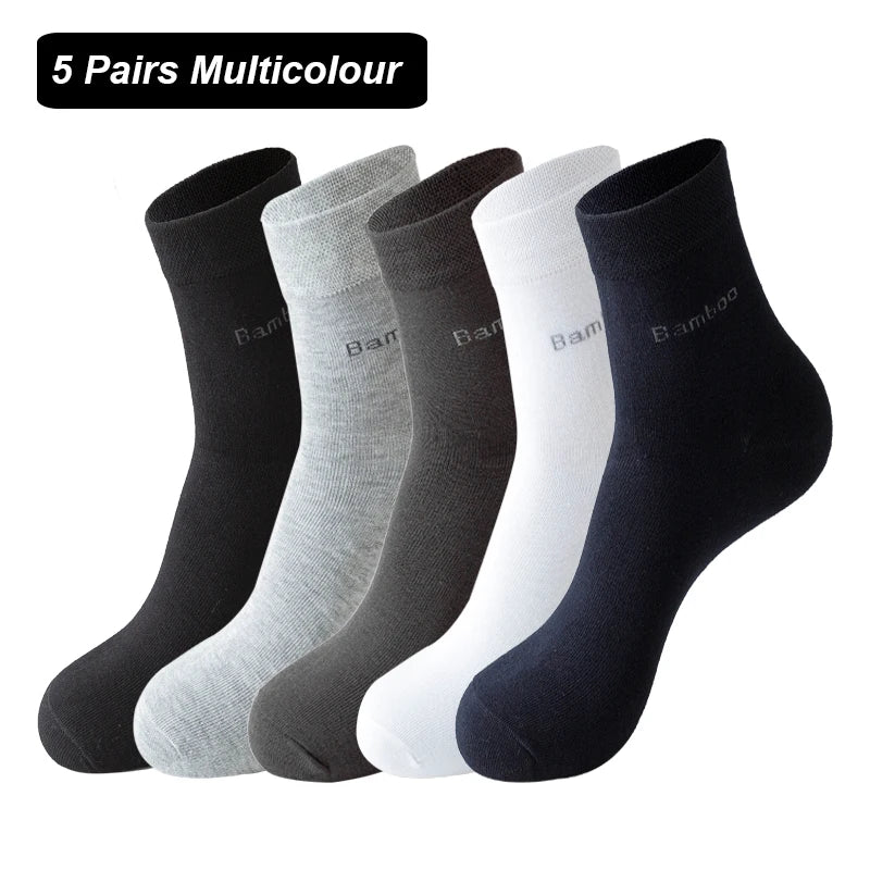 Five pairs of multicolour bamboo fiber socks displayed in a row.