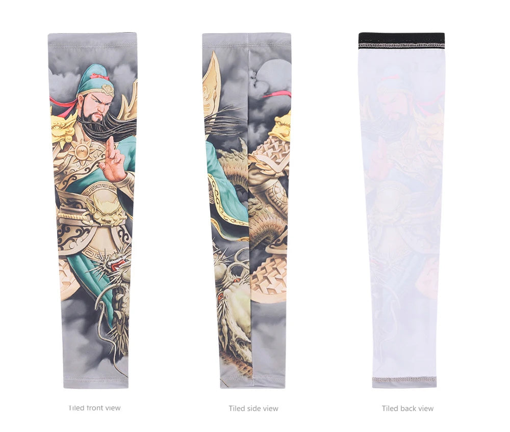 Three views of a multi-use sports arm sleeve featuring traditional Asian artwork and protective fabric.