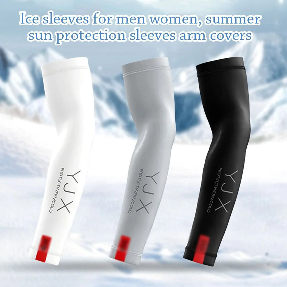 Three ice sleeves for men and women in white and black colors shown against a snowy background