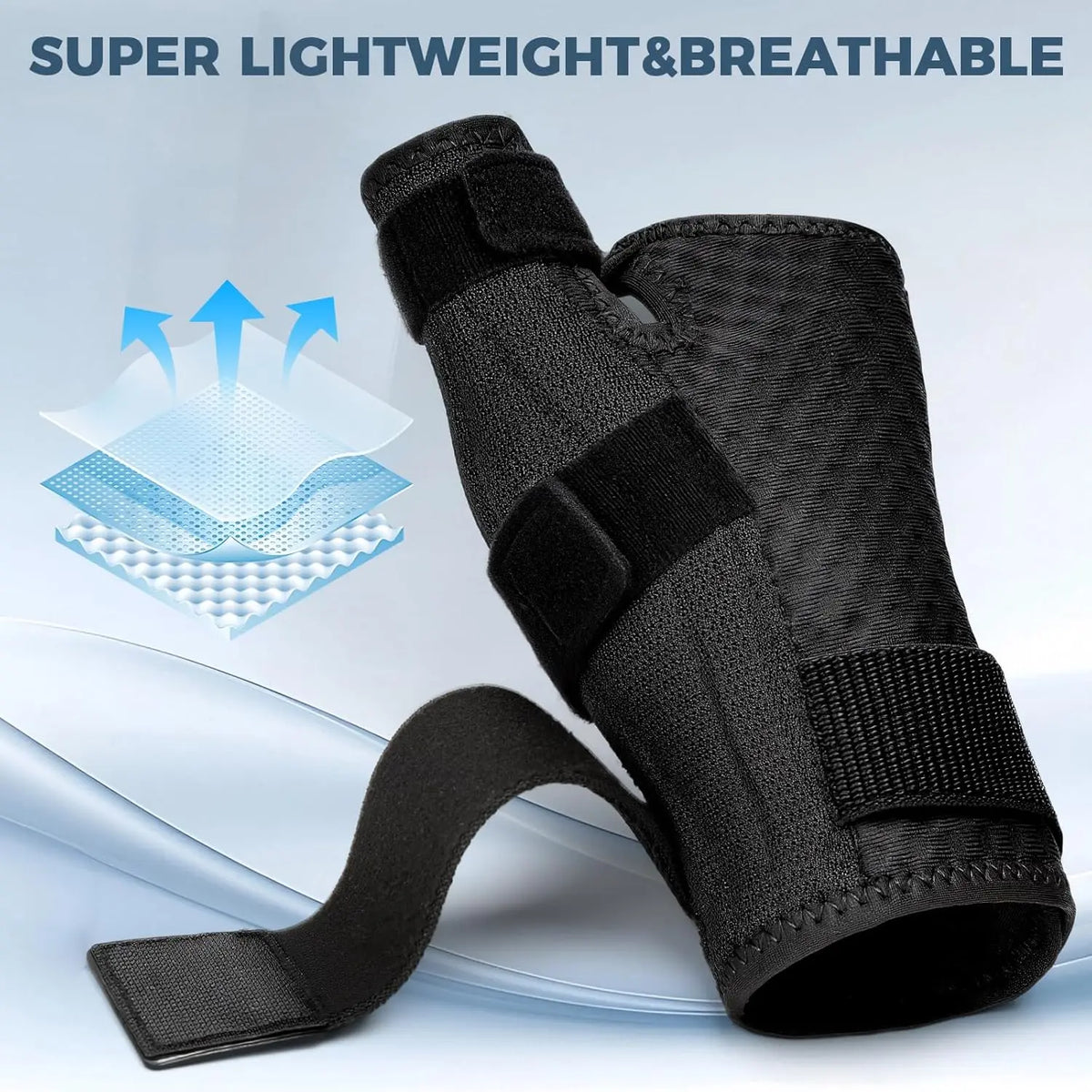 Black breathable therapeutic thumb brace shown in a close-up view