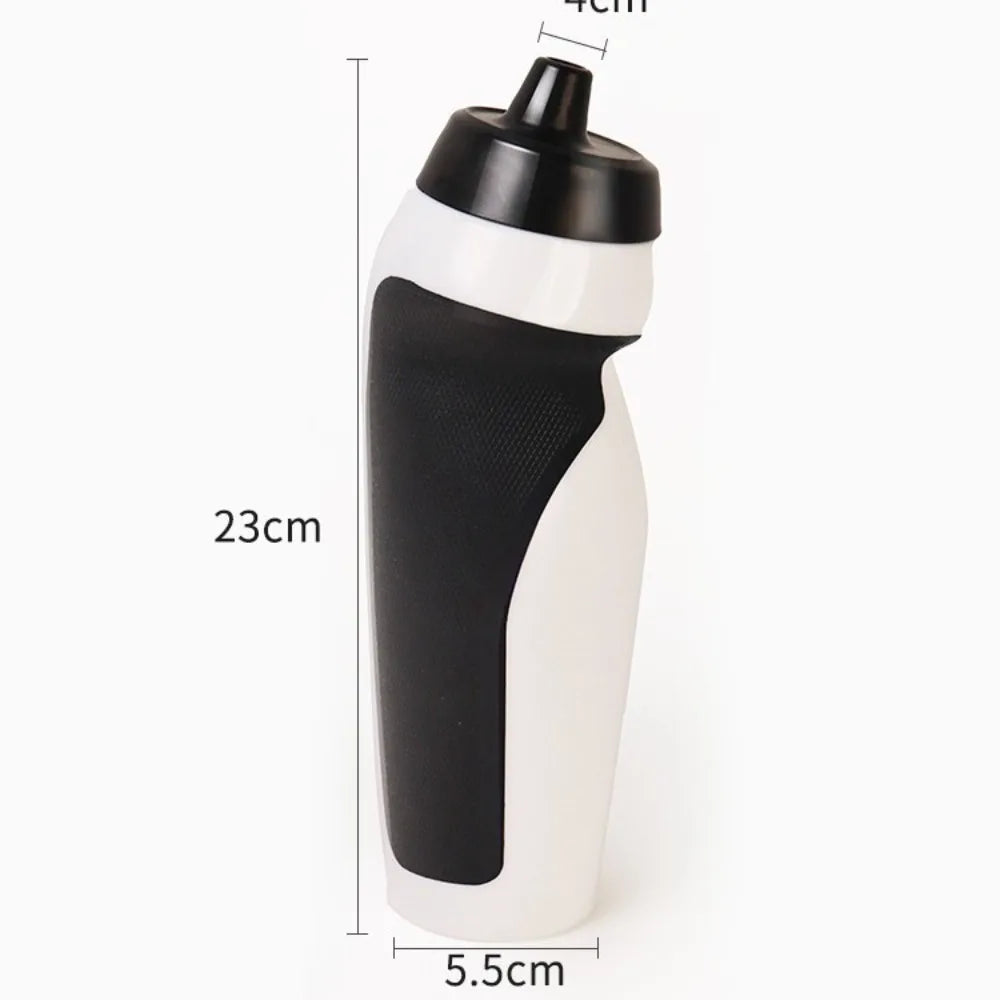 A white and black durable squeeze water bottle with a black cap, shown against a white background.
