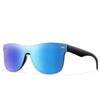 A pair of blue-tinted frameless sport sunglasses with black arms shown against a white background.