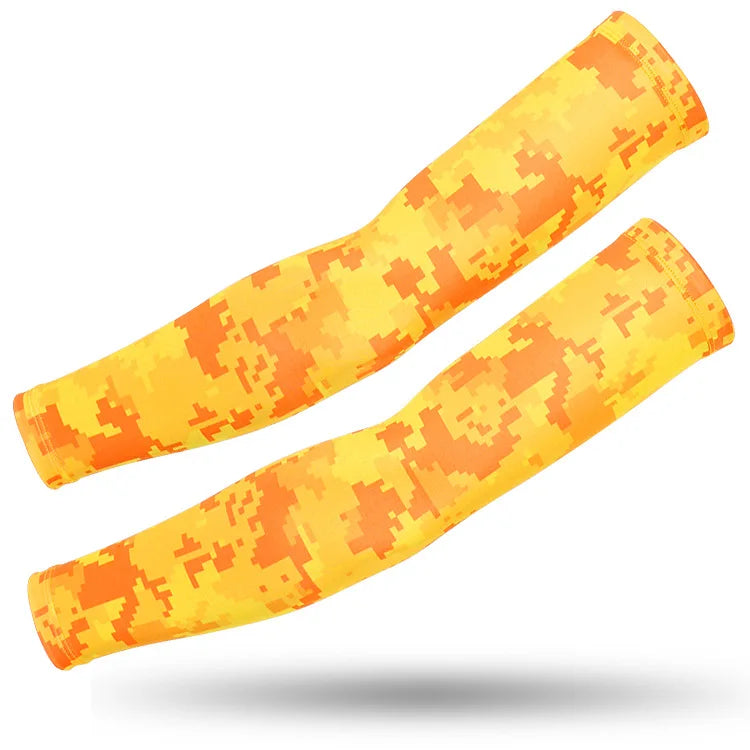A pair of bright orange and yellow tactical camouflage arm sleeves shown diagonally against a white background.