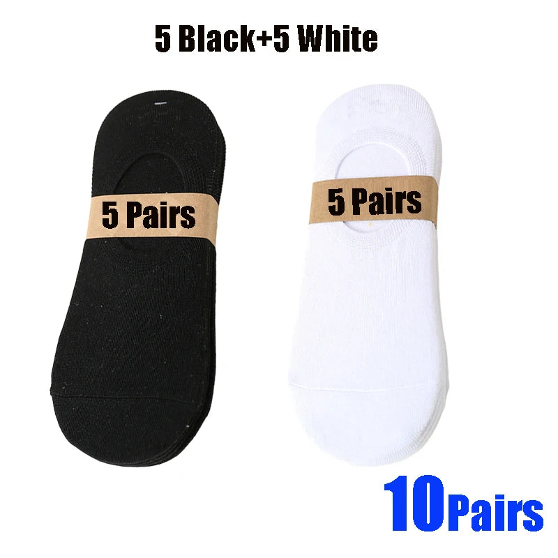 A set of ten pairs of unisex breathable boat socks, five black and five white.