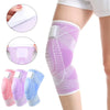Various colors of knee compression sleeves shown with close-ups of the fabric and different styles